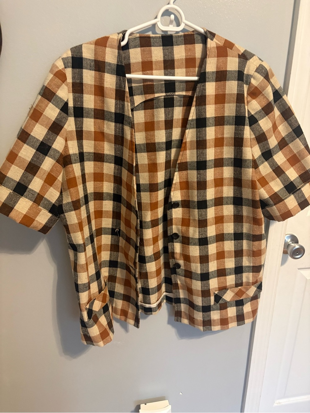 Vintage Handmade Plaid Short-Sleeve Button Front Top in Tan and Black